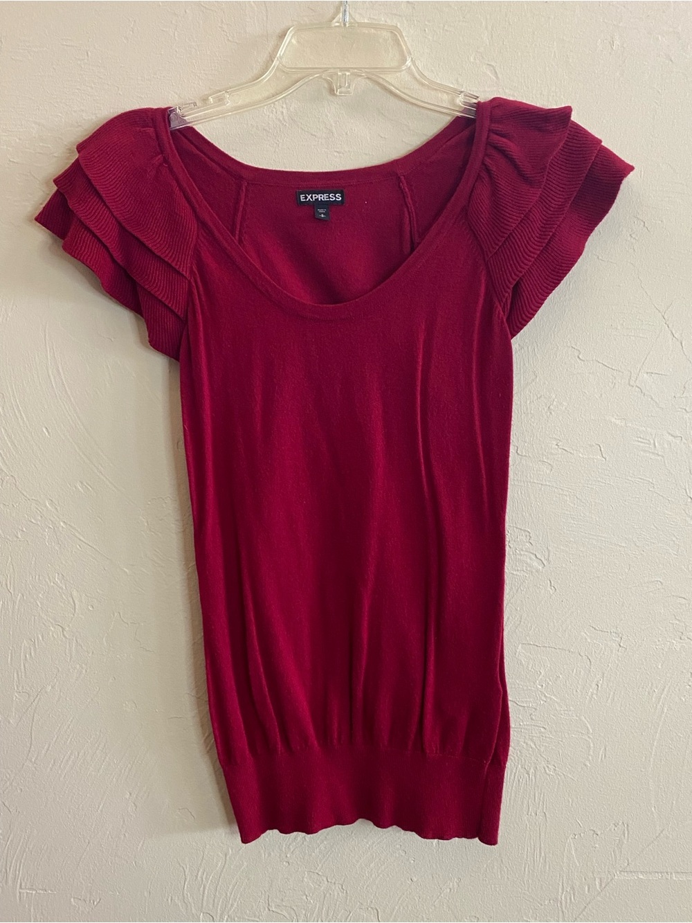 Express Burgundy Ruffle Flutter Sleeve Knit Top Size S Scoop Neck